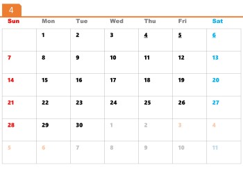 無料で使える今月のカレンダースケジュールテンプレート【日曜始まり】|2024年4月