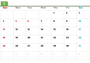 無料で使える今月のカレンダースケジュールテンプレート【日曜始まり】|2025年5月