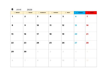 無料で使える今月カレンダースケジュール管理テンプレート 2020年6月