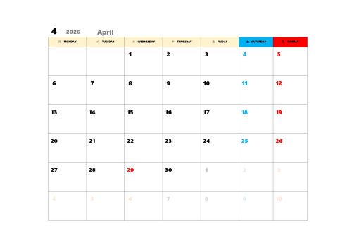 無料で使える今月カレンダースケジュール管理テンプレート|2026年4月
