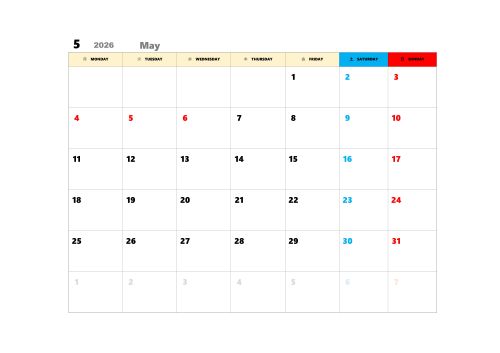 無料で使える今月カレンダースケジュール管理テンプレート|2026年5月